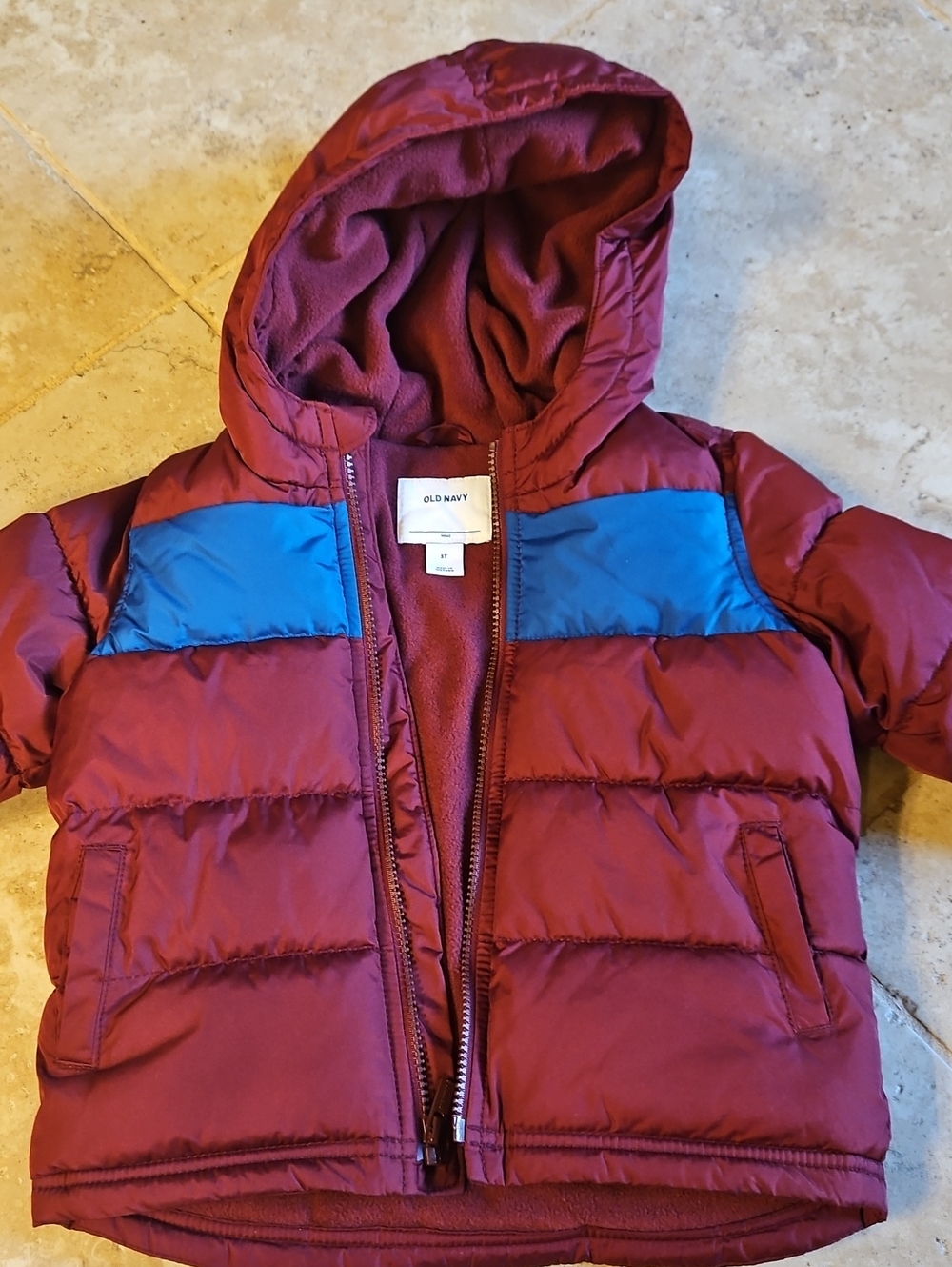 Old Navy Maroon Puffer Jacket with Blue Shoulder Panels